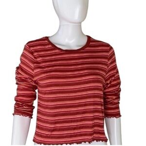 Wild Fable Y2K Crop Top Ribbed Red Cream Size XXL Long Sleeve Lettuce Hem Stripe